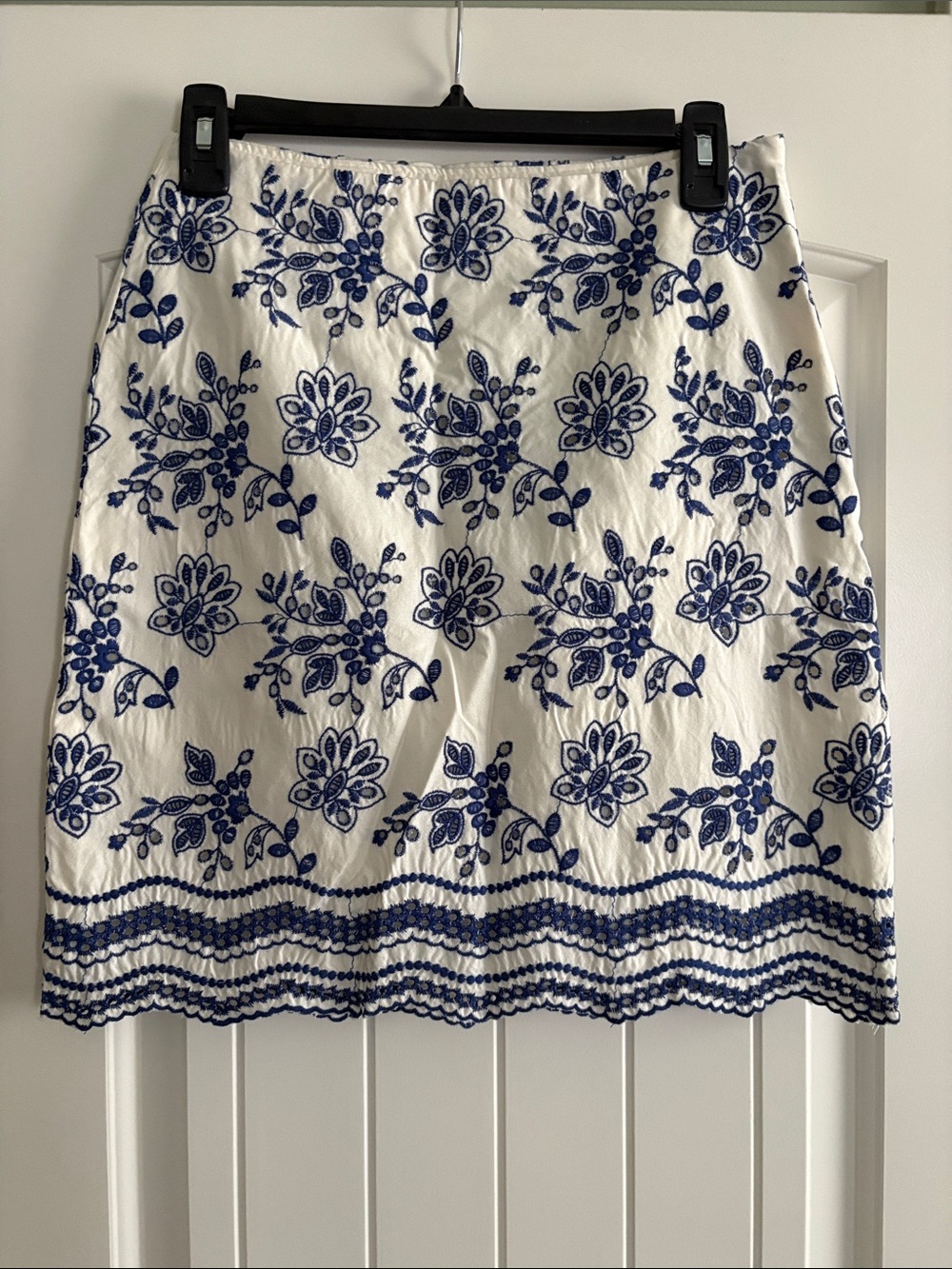 White & Navy Floral Cotton Embroidered Skirt